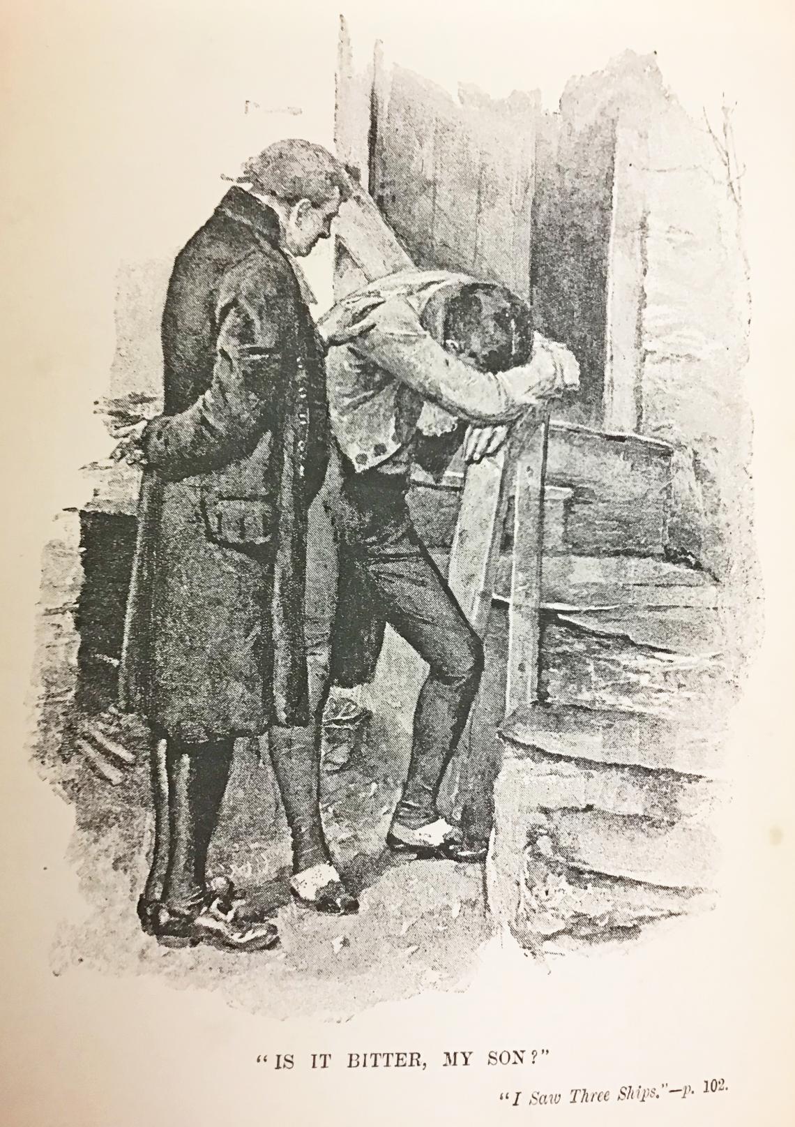 Illustration of an older man talking to a younger man who appears in distress
